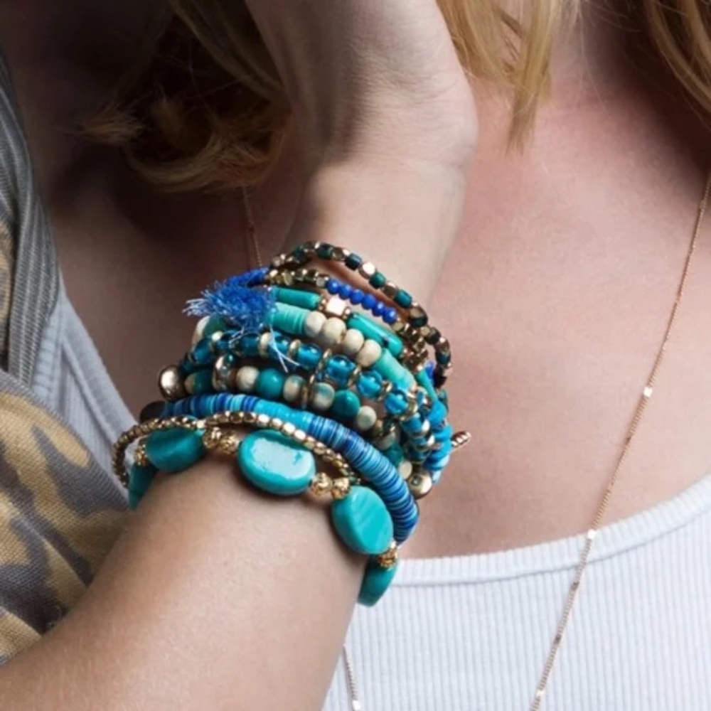 SOLD OUT Multi Layer Turquoise Charm Beaded Wood Metal Gold Bead Stretch - Picture 4 of 7